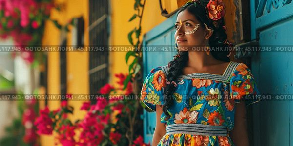 Girl in traditional Mexican clothing standing on a  city street celebrating Mexican Independence Day. Стоковое AI-изображение, AI-художник Anastacia Gaikova / Фотобанк Лори