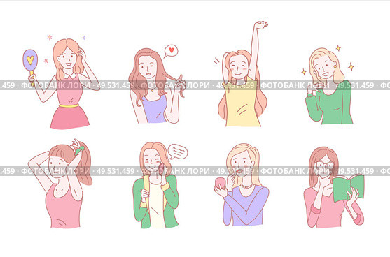 Girl looking in mirror making up lips with lipstick vector. Sleepy lady wearing home shirt, talking on phone and feeling love, reading book hobby, hand drawn style, line characters. Girl Looking in Mirror Making Up Lips Lipstick. Стоковая иллюстрация, агентство Ingram Publishing / Фотобанк Лори