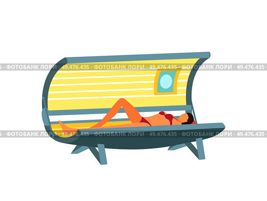 Girl lying and tanning in solarium cartoon isolated vector icon. Young woman in swimsuit in open indoors tanning equipment with ultraviolet lamp sunbathing. Girl Lying and Tanning in Solarium Cartoon Poster. Стоковая иллюстрация, агентство Ingram Publishing / Фотобанк Лори
