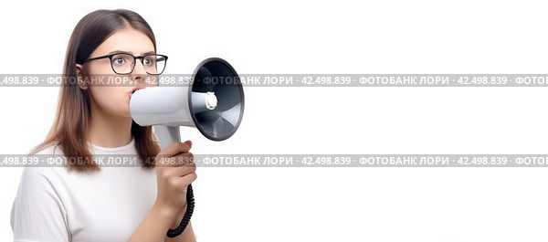 Girl megaphone speak banner. Generate Ai. Стоковое AI-изображение, AI-художник Иван Рябоконь / Фотобанк Лори