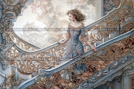 Girl on a fabulous spiral staircase in an old mansion, watercolor style, Generative AI. Стоковое AI-изображение, AI-художник Анна Кривицкая / Фотобанк Лори