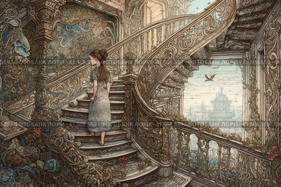 Girl on a fabulous spiral staircase in an old mansion, watercolor style, Generative AI. Стоковое AI-изображение, AI-художник Анна Кривицкая / Фотобанк Лори