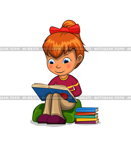 Girl sitting in armchair reading books, attentive modest toddler examining and learning new things, bookworm vector illustration isolated on white. Girl Sitting and Reading Books Vector Illustration. Стоковая иллюстрация, агентство Ingram Publishing / Фотобанк Лори