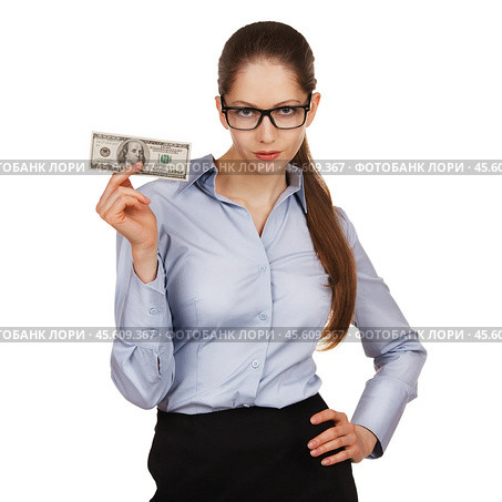 Girl with glasses holding a hundred dollar bill. Стоковое фото, фотограф Дмитрий Киселёв / Фотобанк Лори