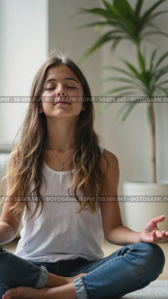 Girl with long hair and in jeans meditating in a lotus pose. Стоковое AI-видео, аниматор Sergey Grishin / Фотобанк Лори