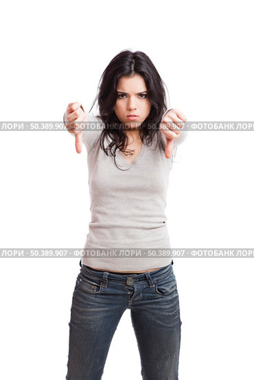 Girl with thumbs down, isolated against a white background. Стоковое фото, агентство Ingram Publishing / Фотобанк Лори