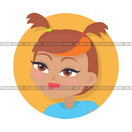 Girl with two red pigtails and forelock. Bright line on forelock. Portrait of nice female person with hazel eyes. Blue t-shirt. Cartoon style in flat design. Kindergarten lady avatar userpic. Vector. Smiling Girl with Two Red Pigtails. Blue Blouse. Стоковая иллюстрация, агентство Ingram Publishing / Фотобанк Лори