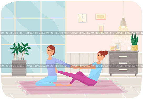 Girls in sportswear doing exercises on mat. Beautiful women relax, meditate and do yoga at home. People lead healthy lifestyle. Friends going in for fitness and keep fit, body and health care concept. Girls in sportswear doing exercises on mat. Beautiful women relax, meditate and do yoga at home. Стоковая иллюстрация, агентство Ingram Publishing / Фотобанк Лори