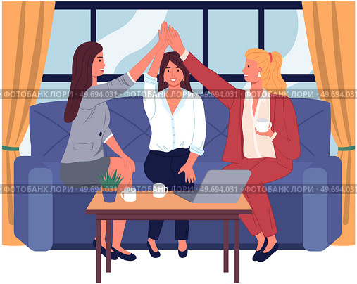 Girls sitting on comfy sofa, talking. Happy smiling women chatting and relaxing on couch together. Business ladies during day off having rest at home. Recreation with friends, friendship concept. Happy smiling women chatting and relaxing on couch together. Business ladies during day off at home. Стоковая иллюстрация, агентство Ingram Publishing / Фотобанк Лори
