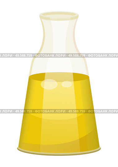 Glass bottle closed with bung with golden liquid inside. Vessel with viscous purified substance used for cooking or hair care. Vegetable, olive or sunflower, oil produced by plant. Vector illustration. Vegetable Oil for Hair Care, Liquid in Vessel. Стоковая иллюстрация, агентство Ingram Publishing / Фотобанк Лори