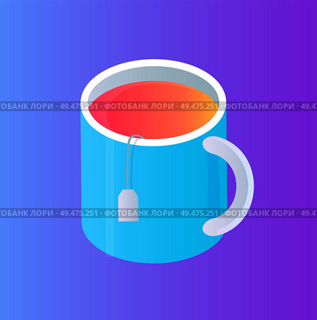 Glass cup with tea pocket isolated vector cartoon icon. Thick bowl with handle, with brown liquid inside and overhanging rope with label, 3d isometric. Glass Cup with Tea Pocket Isolated Cartoon Icon. Стоковая иллюстрация, агентство Ingram Publishing / Фотобанк Лори