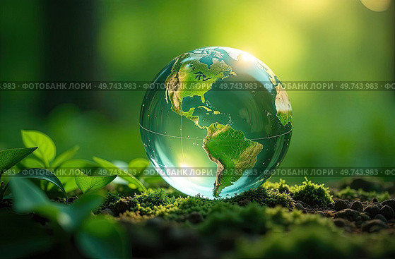 Glass glowing sphere of planet Earth in forest is a ball with an internal microclimate, a clean environment, protecting the ecology of the planet. AI generated. Стоковое AI-изображение, AI-художник Ольга Симонова / Фотобанк Лори