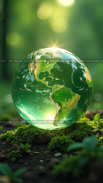 Glass glowing sphere of planet Earth in forest is a ball with an internal microclimate, a clean environment, protecting the ecology of the planet. AI generated. Стоковое AI-изображение, AI-художник Ольга Симонова / Фотобанк Лори