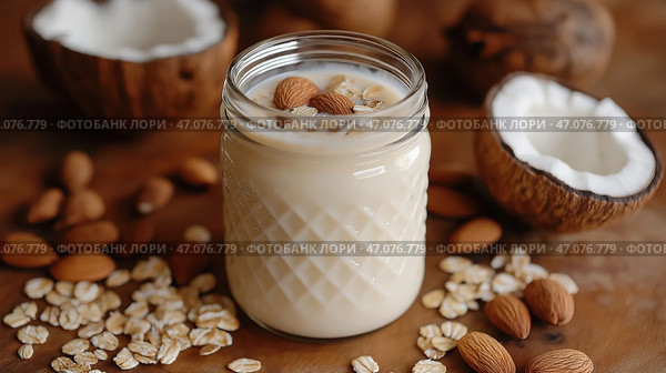 Glass jar filled with almond milk surrounded by almonds and coconut on wooden surface during daytime. На деревянной поверхности в деревенском стиле стоит банка с миндальным молоком на растительной основе. Вокруг разбросаны миндаль и половинки кокосовых орехов, что придает обстановке естественную атмосферу. Стоковое AI-изображение, AI-художник Katsiaryna Repich / Фотобанк Лори