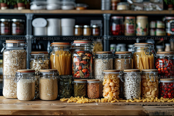 Glass jars with various cereals, pasta and spices, organized on shelves for food storage. You can see products such as rice, buckwheat, lentils, pasta of various shapes, as well as cereals and seeds, such as quinoa or black sesame. This is a typical example of organized food storage, perhaps as part of a healthy eating or zero waste concept. Jars with lids prevent food spoilage and help maintain freshness. Стоковое AI-изображение, AI-художник Анна Кривицкая / Фотобанк Лори