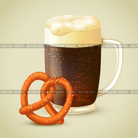 Glass mug of cold dark porter stout beer with froth and salt pretzel emblem vector illustration. Стоковая иллюстрация, агентство Ingram Publishing / Фотобанк Лори