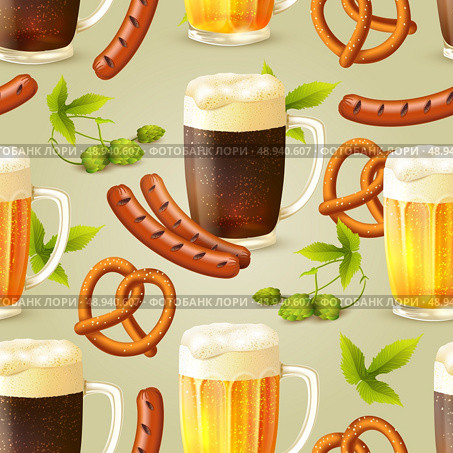 Glass mugs of lager and dark beer hop pretzel and sausage seamless pattern vector illustration. Стоковая иллюстрация, агентство Ingram Publishing / Фотобанк Лори