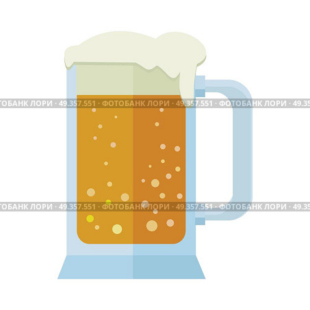Glass of Beer Isolated on White. Mug or Tankard.. Glass of beer isolated on white. Mug of beer. Big frothy head overflowing the sides of tankard with white beer. Alcohol refreshment drink. October fest concept in flat style. Vector illustration. Стоковая иллюстрация, агентство Ingram Publishing / Фотобанк Лори