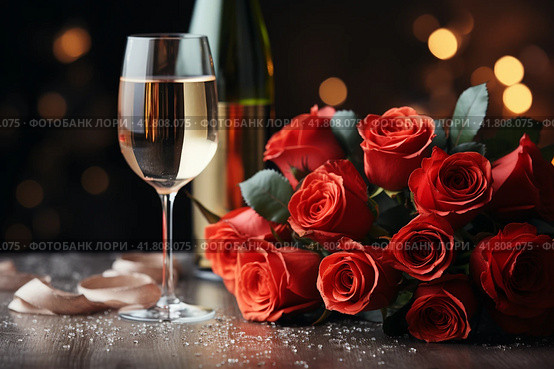 Glass of champagne and red roses,,  Generative AI. Стоковое AI-изображение, AI-художник Анна Кривицкая / Фотобанк Лори