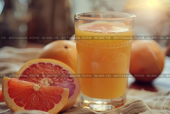 Glass of fresh grapefruit juice with ripe grapefruits on table. Стоковое AI-изображение, AI-художник Иван Рябоконь / Фотобанк Лори