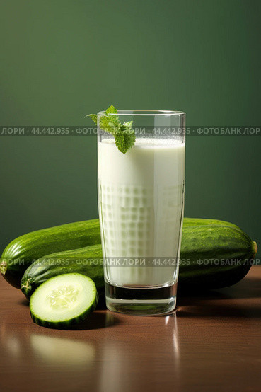 Glass of milk with fresh cucumber. Стоковое AI-изображение, AI-художник Veniamin Kraskov / Фотобанк Лори