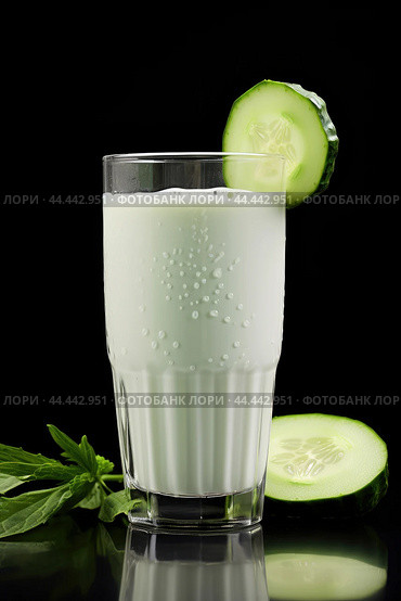 Glass of milk with fresh cucumber. Стоковое AI-изображение, AI-художник Veniamin Kraskov / Фотобанк Лори
