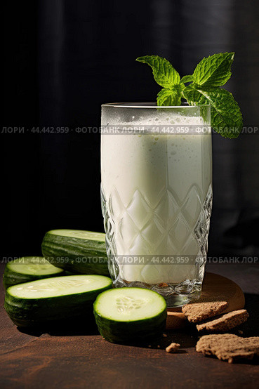 Glass of milk with fresh cucumber. Стоковое AI-изображение, AI-художник Veniamin Kraskov / Фотобанк Лори