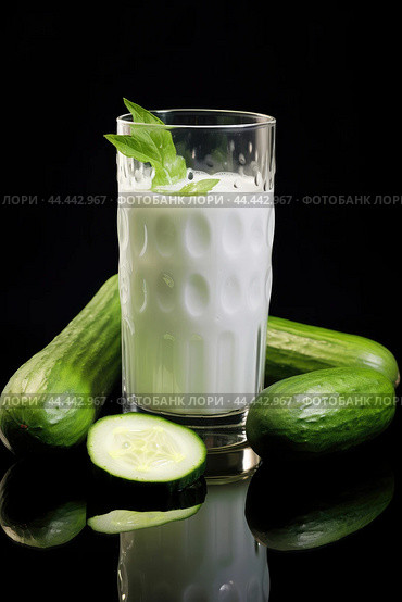 Glass of milk with fresh cucumber. Стоковое AI-изображение, AI-художник Veniamin Kraskov / Фотобанк Лори