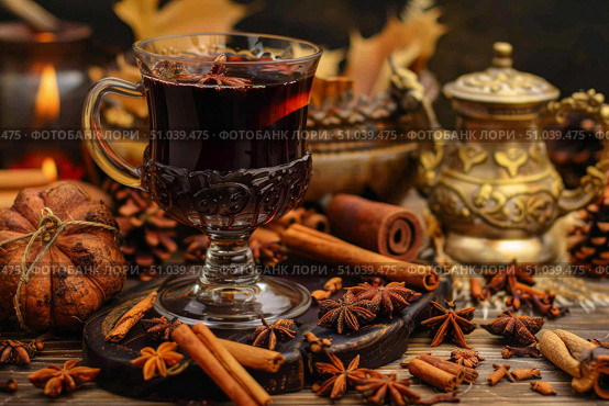 Glass of mulled wine with spices and christmas decorations creating festive atmosphere. Стоковое AI-изображение, AI-художник Иван Рябоконь / Фотобанк Лори