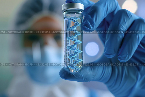 Glass vials contain RNA molecule. Lab scientist holding medical testing tube of medical pharmaceutical research with blood cells and virus cure using DNA genome. Acquired immunity vaccine. Genetics. Стоковое AI-изображение, AI-художник Марина Демидюк / Фотобанк Лори