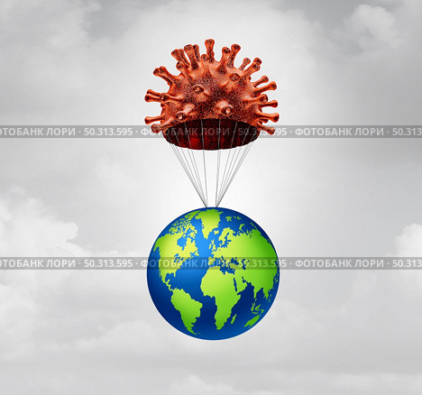 Global outbreak recovery after the pandemic with business or the economy recovering from the coronavirus or covid-19 disease and virus illness in a soft landing with a parachute with 3D illustration elements. Стоковое фото, агентство Ingram Publishing / Фотобанк Лори