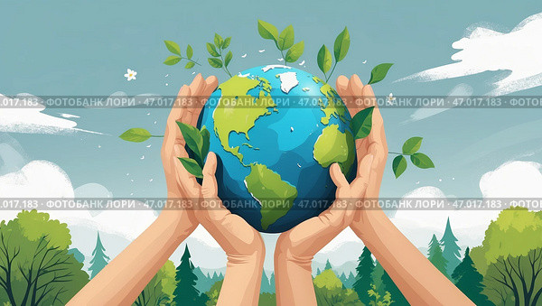 Global unity in environmental care with hands protecting the Earth surrounded by nature. Стоковое AI-изображение, AI-художник Сергей Толмачёв / Фотобанк Лори