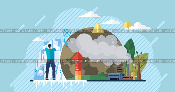 Global warming vector illustration. Ecology, sentinel environment, watches over unfolding drama global warming and climate unrest Environment bears witness to ballet temperature, dance choreographed. Global warming. Dioxide, ghost haunting atmosphere, narrates story greenhouse gas and its impact. Стоковая иллюстрация, агентство Ingram Publishing / Фотобанк Лори
