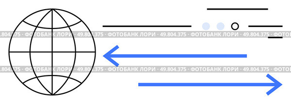 Globe intersected with lines, two blue arrows pointing right, various lines and circles. Ideal for technology, communication, global trade, internet, data transfer, worldwide networking. Global Connectivity and Data Transmission Illustrated with Globe and Arrows. Стоковая иллюстрация, агентство Ingram Publishing / Фотобанк Лори