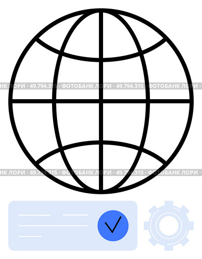 Globe with interconnected lines symbolizing global reach, blue checkbox on form represents approval, gear icon denotes system settings. Ideal for internet, approval processes, technology, global. Global Connectivity with Web Communication and System Settings Concept. Стоковая иллюстрация, агентство Ingram Publishing / Фотобанк Лори