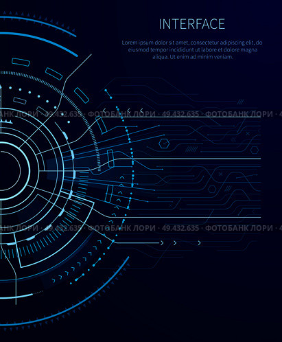 Gloomy interface with lot of geometric shapes vector illustration with bright rectangles lines squares polygons and text sample isolated on dark blue. Gloomy Interface with Lot of Geometric Shapes. Стоковая иллюстрация, агентство Ingram Publishing / Фотобанк Лори