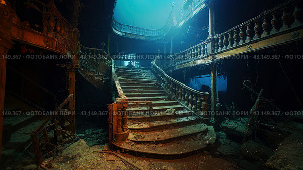 gloomy interior with luxurious staircase of a sunken luxury passenger ship in the rays of light passing through the depths of the ocean. Стоковое AI-изображение, AI-художник Александр Довянский / Фотобанк Лори