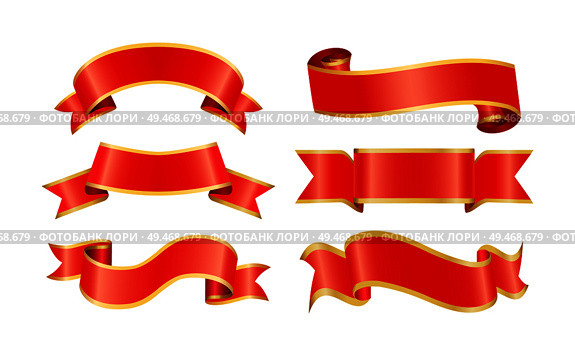 Glossy silk or satin decorative waviness ribbon types isolated. Old heraldic vector curled tapes and fluttering stripes for modern ornamentation.. Silk or Satin Ribbons for Vintage Ornamentation. Стоковая иллюстрация, агентство Ingram Publishing / Фотобанк Лори