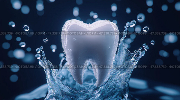 Glossy tooth splashing in clear water with shimmering droplets at night. Cleanliness, freshness, hydration, health. Глянцевый зуб, плещущийся в прозрачной воде с мерцающими капельками ночью. Чистота, свежесть, увлажнение, здоровье. Стоковое AI-изображение, AI-художник Katsiaryna Repich / Фотобанк Лори
