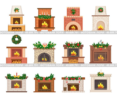 Glowing fireplace decorated by Santa socks and colorful gift boxes, candles and snowman. Chimney adorned with chaplet. Holiday decoration vector set. Fireplace Decorated by Christmas Toys Vector Set. Стоковая иллюстрация, агентство Ingram Publishing / Фотобанк Лори