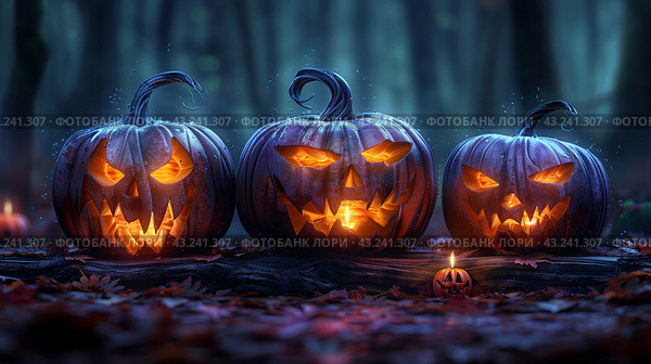 Glowing Jack-O-Lanterns in a Spooky Forest Setting at Night. Стоковое AI-изображение, AI-художник Сергей Толмачёв / Фотобанк Лори