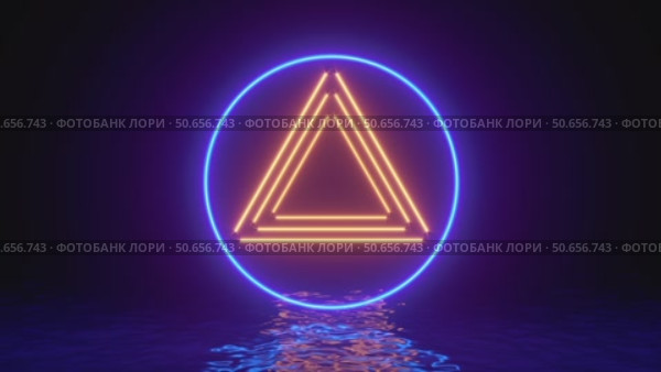 Glowing neon purple circle ring line with reflections on water, waves abstract vintage background, ultraviolet, spectrum vibrant colors, laser show. 3d render illustration. 4K video. Стоковая анимация, аниматор Николай Евсюков / Фотобанк Лори