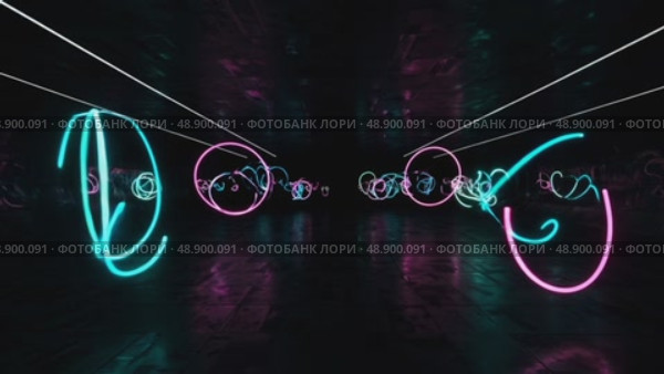 Glowing neon shapes floating in a dark reflective environment. Стоковое AI-видео, аниматор KATERINA AI / Фотобанк Лори