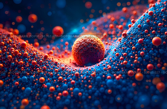 Glowing Orb Surrounded by Tiny Spheres in Abstract Scene. Стоковое AI-изображение, AI-художник Галина Эмберг / Фотобанк Лори