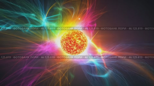 Glowing plasma ball emitting colorful light beams. Стоковое AI-видео, аниматор Юрий Поздников / Фотобанк Лори