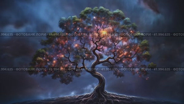 Glowing tree against the background of a dark sky. Стоковое AI-видео, аниматор Виктория Кольцова / Фотобанк Лори