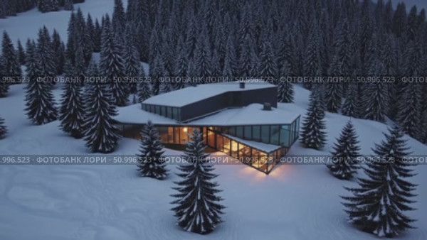 Glowing warm lights illuminating sleek wooden chalet interior, nestled amid snow covered alpine forest during twilight, radiating serene winter sanctuary ambiance. Стоковое AI-видео, аниматор Данил Руденко / Фотобанк Лори