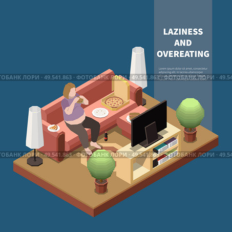 Gluttony concept with plump woman eating pizza at home 3d isometric vector illustration. Стоковая иллюстрация, агентство Ingram Publishing / Фотобанк Лори