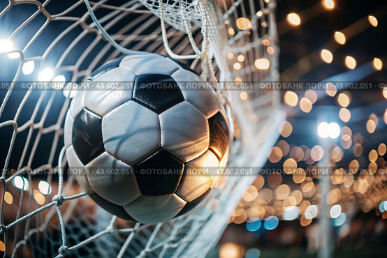 Goal. A soccer ball in the goal net, against a background of sparkling lights and a blurred background. Стоковое AI-изображение, AI-художник Photojuli / Фотобанк Лори