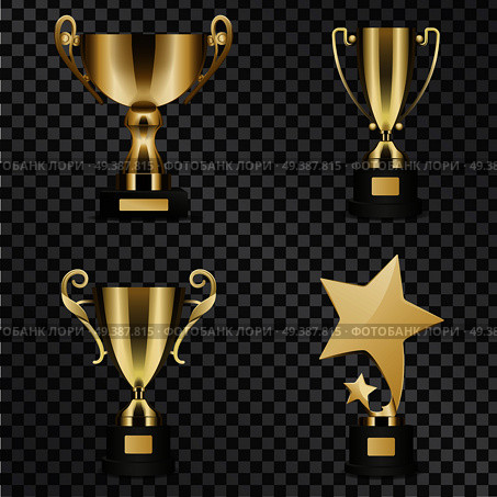 Goblets for successful contest participation and epic win vector illustration. Golden trophy cups for outstanding sport, music and acting achievements isolated on black transparent background.. Realistic Golden Trophy Cups Illustrations Set. Стоковая иллюстрация, агентство Ingram Publishing / Фотобанк Лори